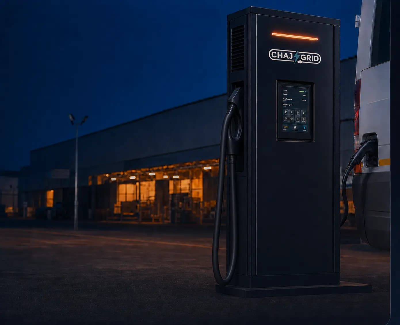 ChajaGrid commercial charger powering an electric fleet vehicle at a night depot